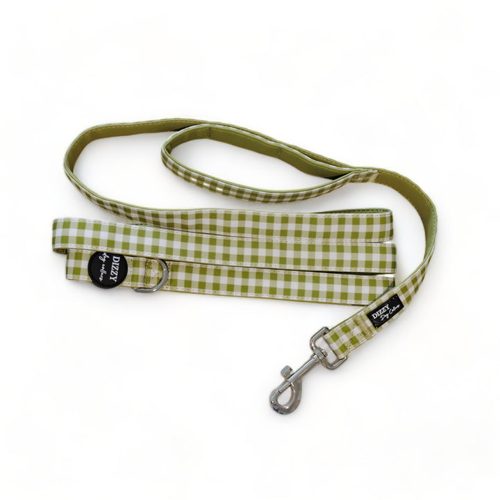 Olive Gingham LONG LEAD | Canvas & Neoprene | Premium Quality Fully Padded Leash-Leash-Dizzy Dog Collars