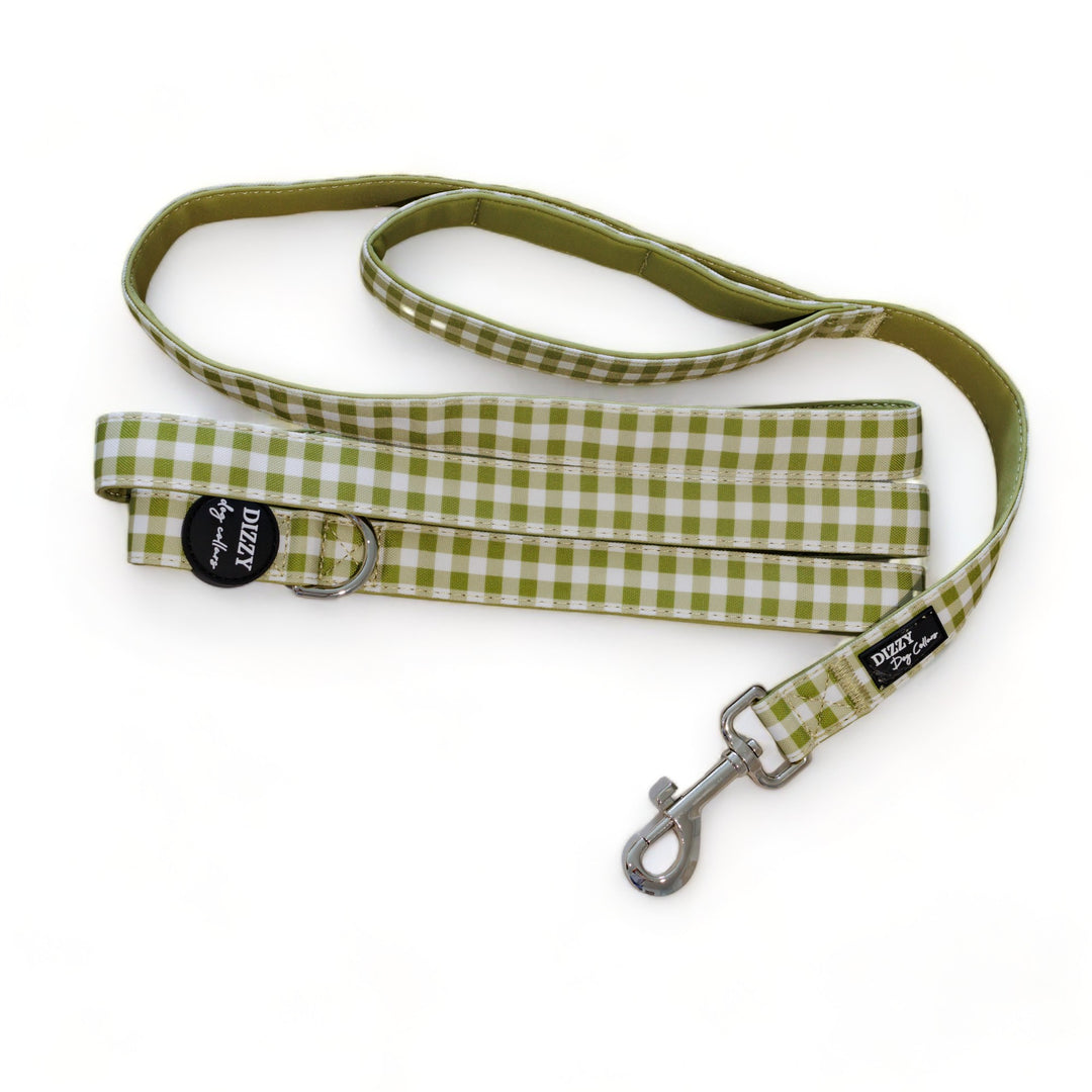 Olive Gingham LONG LEAD | Canvas & Neoprene | Premium Quality Fully Padded Leash-Leash-Dizzy Dog Collars