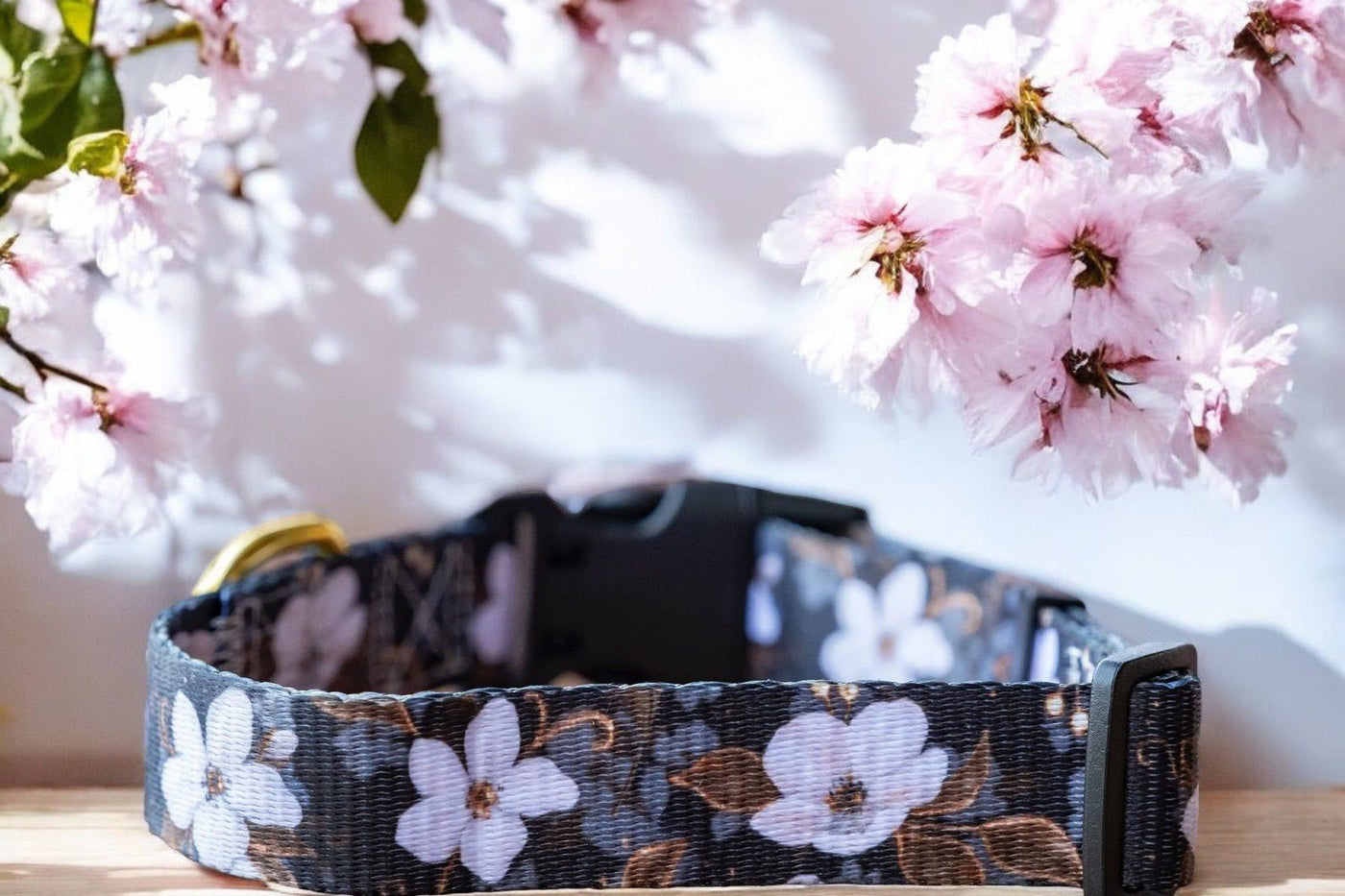 The image features a dog collar adorned with a pattern of white flowers against a dark background. The collar is positioned on a wooden surface with blooming pink cherry blossoms in the background, creating a soft and delicate contrast. The collar has a black plastic buckle and metal ring, highlighting its sturdy yet stylish design.