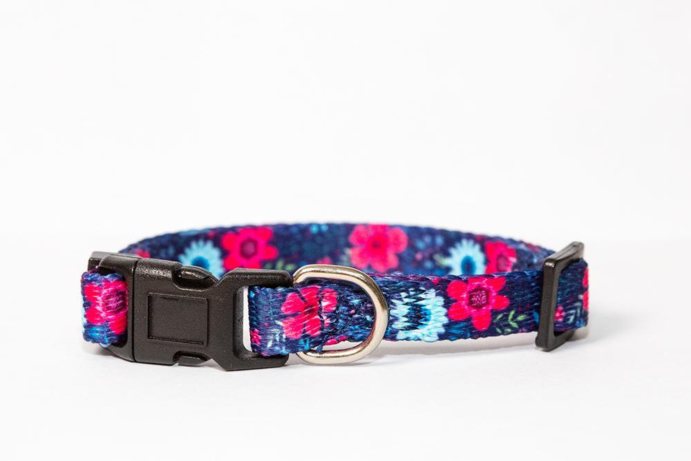 Navy Floral Cat Collar / Toy Breed Dog Collar / Puppy Collar-cat collar-Dizzy Dog Collars