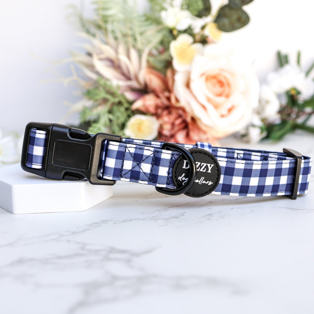 Navy Gingham Collars Leashes Harnesses Dizzy Dog Collars
