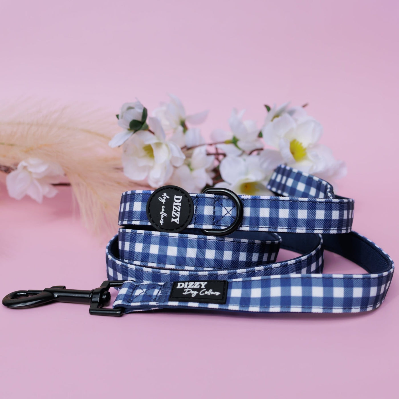 Navy Gingham Dog Leash | Canvas & Neoprene | Premium Quality Fully Padded Leash-Leash-Dizzy Dog Collars