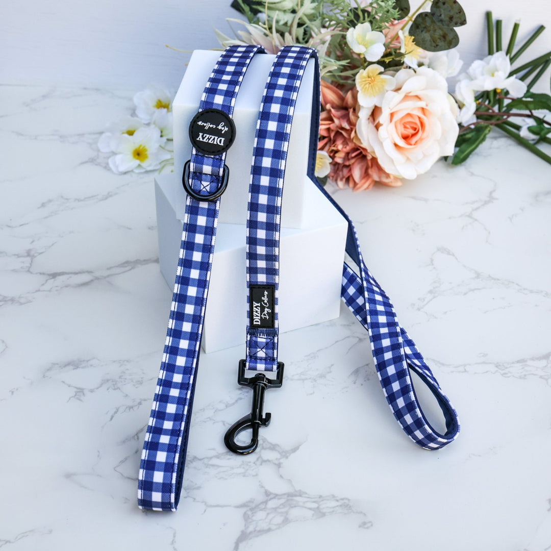 Navy Gingham Dog Leash | Canvas & Neoprene | High Quality Fully Padded Leash-Leash-Dizzy Dog Collars