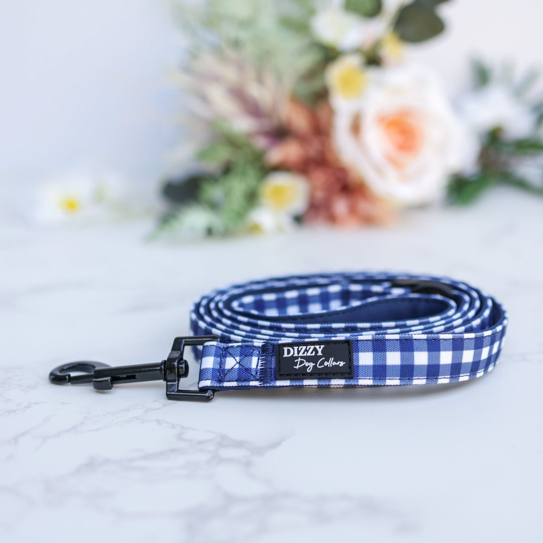 Navy Gingham Dog Leash | Canvas & Neoprene | High Quality Fully Padded Leash-Leash-Dizzy Dog Collars