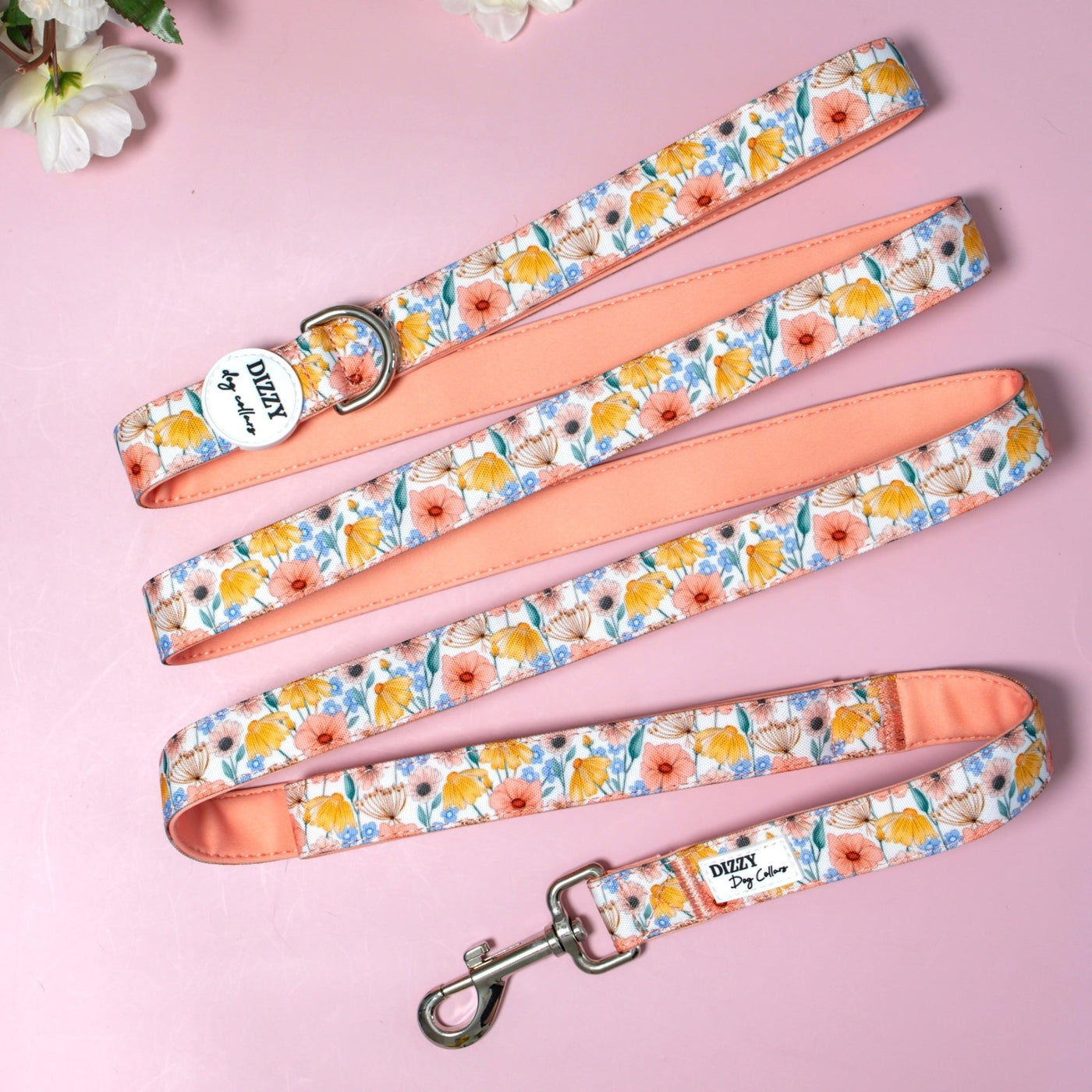 Peachy Posies LONG LEAD | Canvas & Neoprene | Premium Quality Fully Padded Leash-Leash-Dizzy Dog Collars