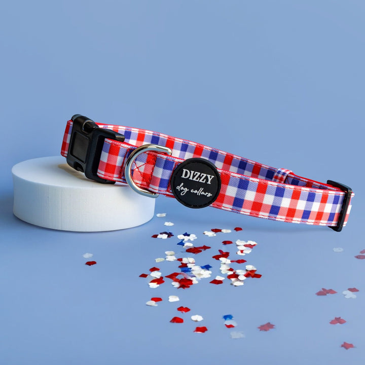 Red, white, and blue gingham-patterned dog collar with a black buckle and silver D-ring. Propped up on a white cylindrical display against a light blue backdrop, with scattered red, white, and blue floral confett