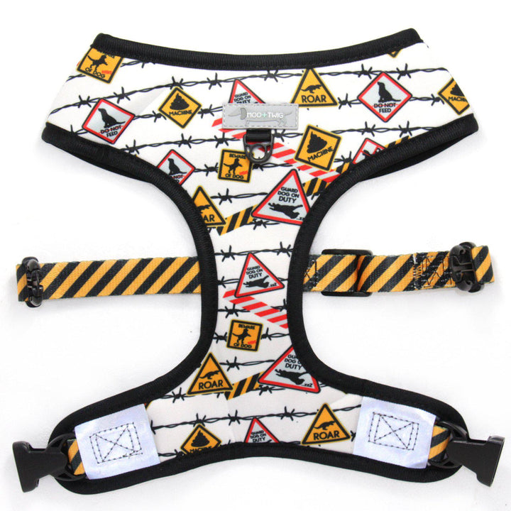 Reversible Dog Harness with signs, gym junkie, warnings, barbells, barbed wire. Funny dog harness. 