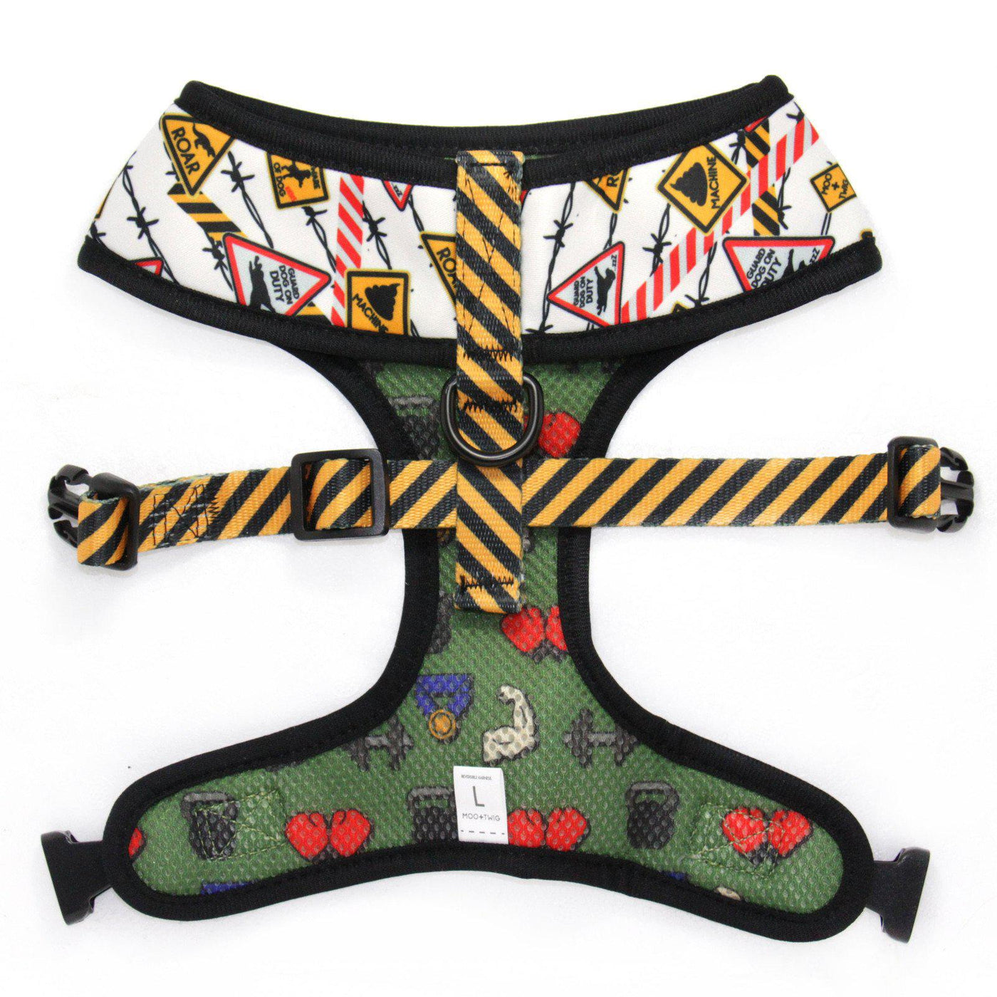 Reversible Dog Harness with signs, gym junkie, warnings, barbells, barbed wire. Funny dog harness. 