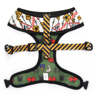 Reversible Dog Harness with signs, gym junkie, warnings, barbells, barbed wire. Funny dog harness. 