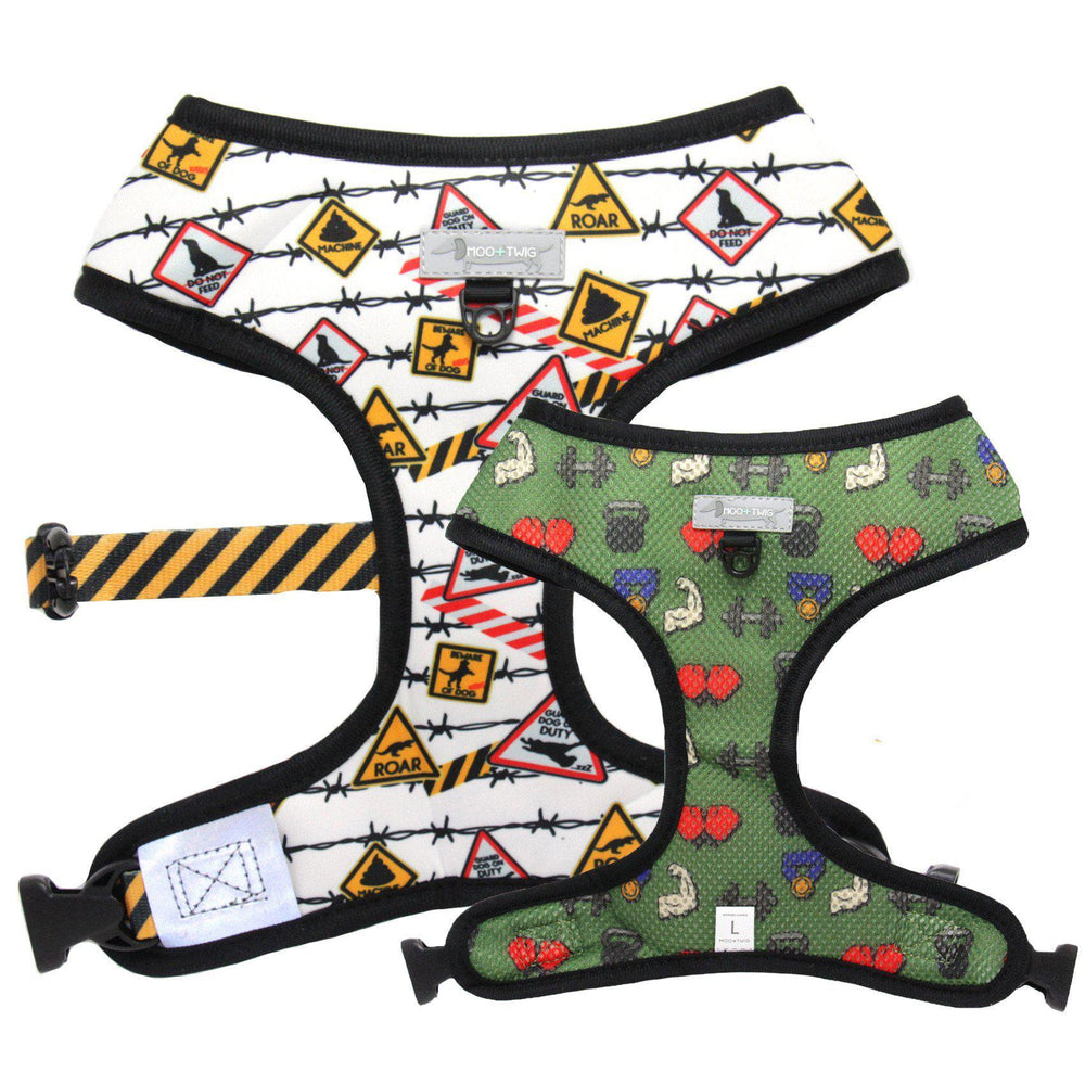 Reversible Dog Harness with signs, gym junkie, warnings, barbells, barbed wire. Funny dog harness. 