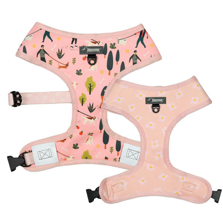 Pink Peach Reversible Dog Harness with dog walkers, people and daisy flower print designed in Australia, dog walking harness