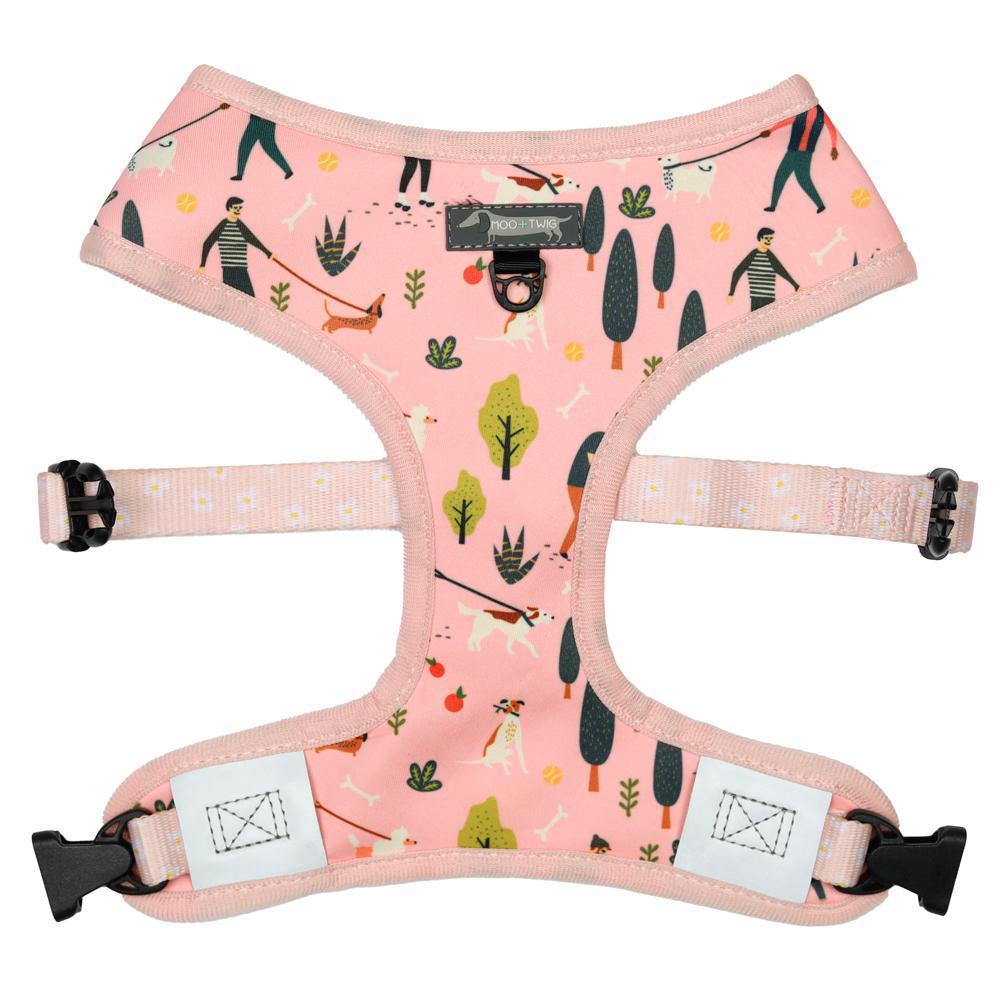 Pink Peach Reversible Dog Harness with dog walkers, people and daisy flower print designed in Australia, dog walking harness