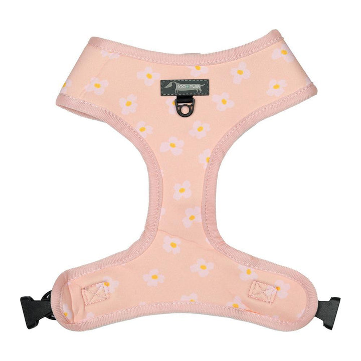 Pink Peach Reversible Dog Harness with dog walkers, people and daisy flower print designed in Australia, dog walking harness