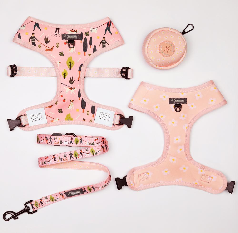 Pink Peach Reversible Dog Harness with dog walkers, people and daisy flower print designed in Australia, dog walking harness