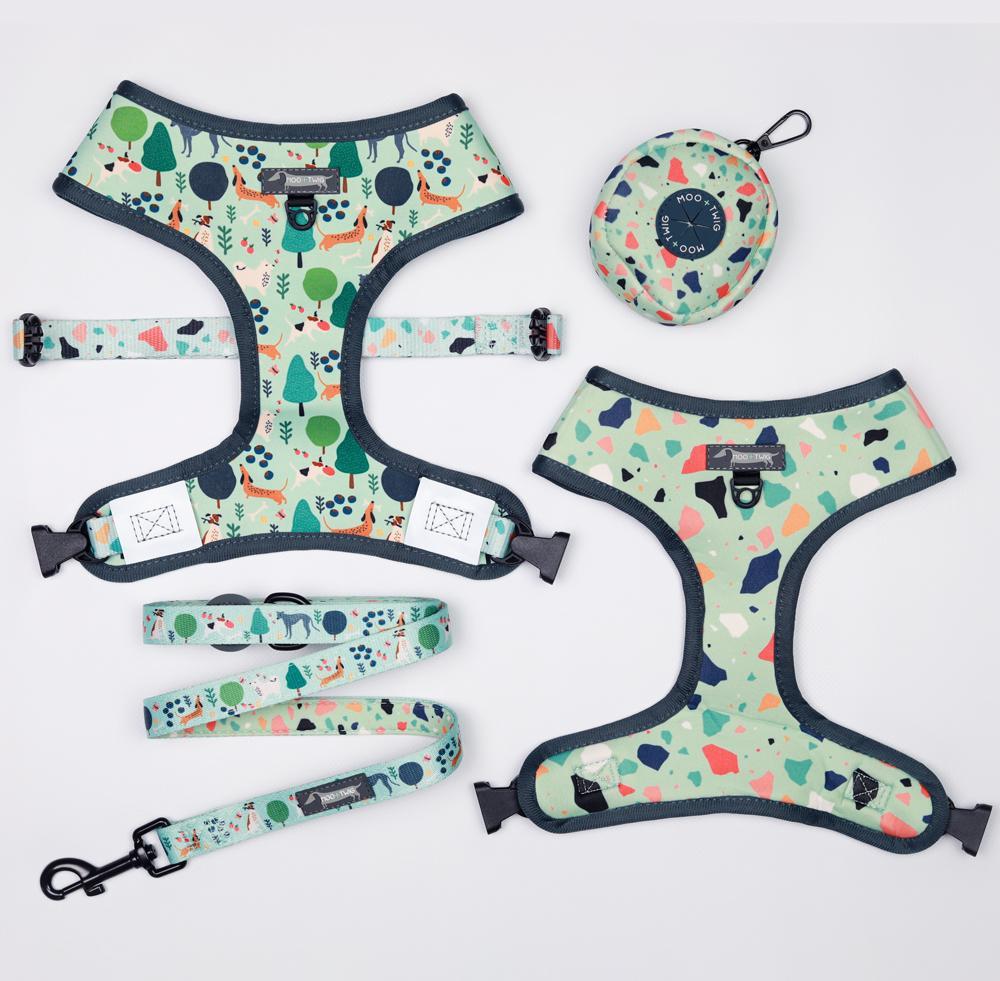 Green Reversible Dog Harness with Nature and Terazzo Print, Dog Harness Australia, Green Dog Harness for small and medium dogs