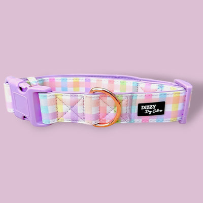 Sherbet Gingham dog collar featuring a pastel rainbow gingham pattern with a purple buckle and rose gold D-ring, displayed on a light pink background. The Dizzy Dog Collars logo is prominently shown on the collar.