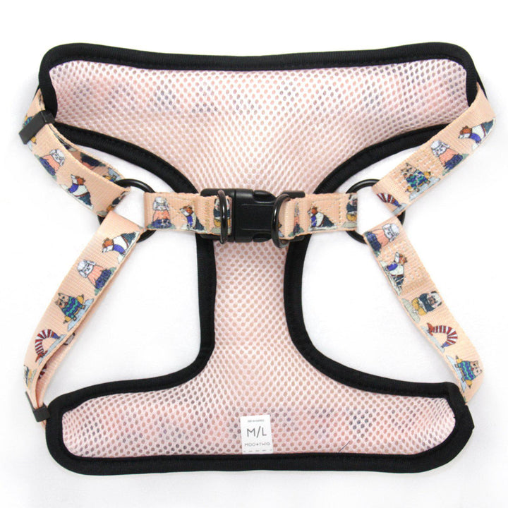 Yoga Dog Doga Peach Step In Dog Harness with Dogs doing Yoga print. No choke dog harness designed in Australia. 