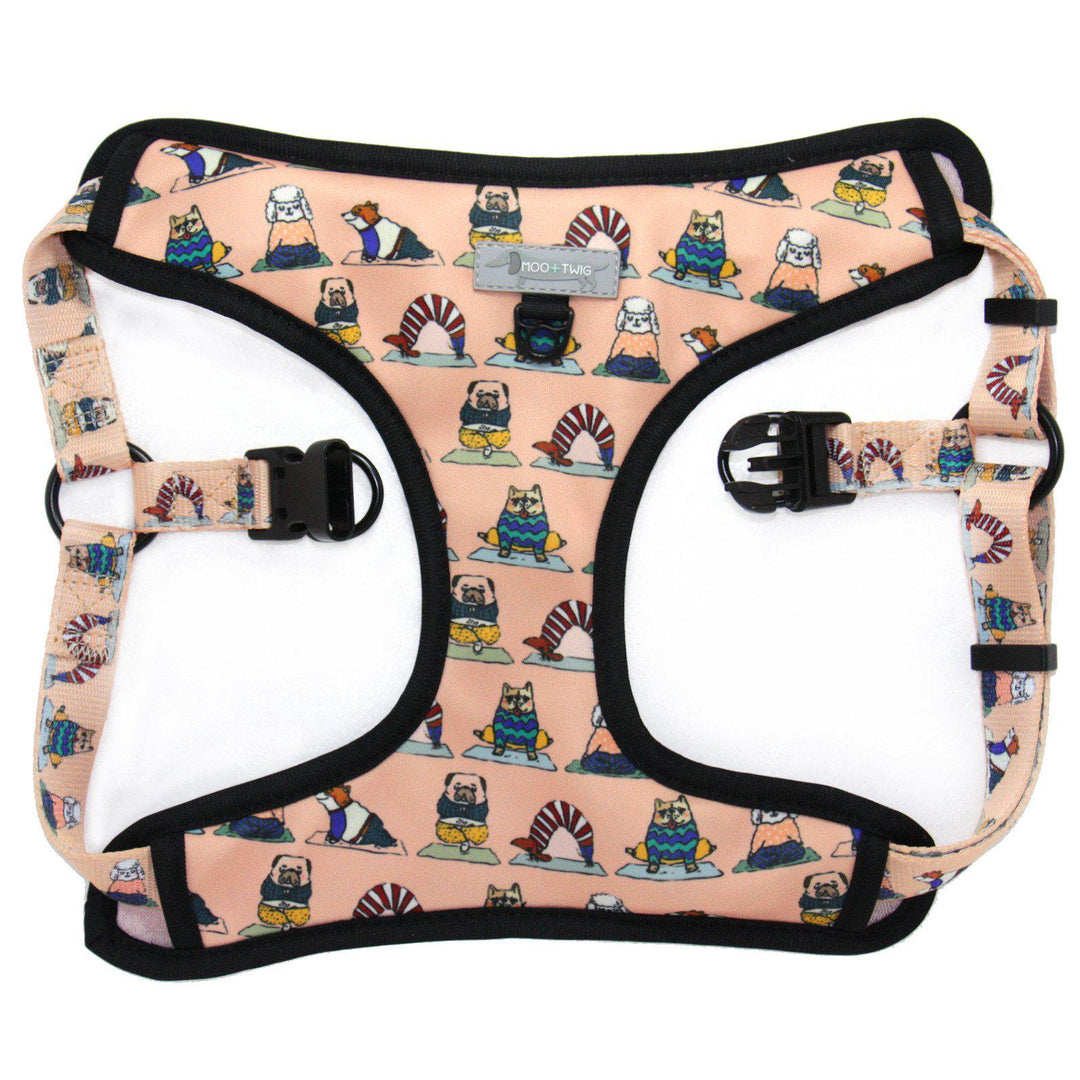 Yoga Dog Doga Peach Step In Dog Harness with Dogs doing Yoga print. No choke dog harness designed in Australia. 