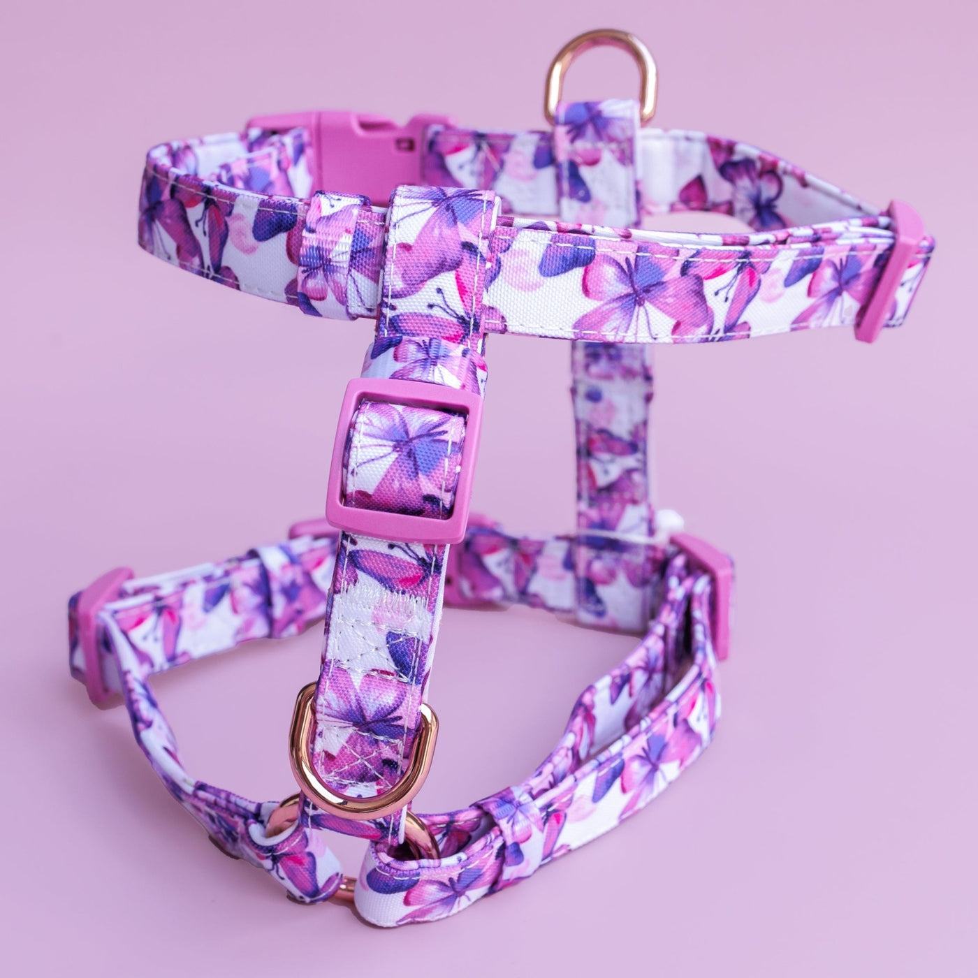 Step in H-Harness with front & back attachment | Pink Butterflies | Fully Padded Canvas & Neoprene Harness-H-Harness-Dizzy Dog Collars